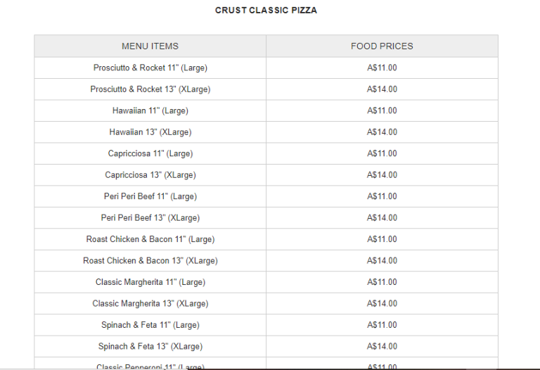 Crust Pizza Menu Prices Australia 2024 Restaurant Menu Prices Australia
